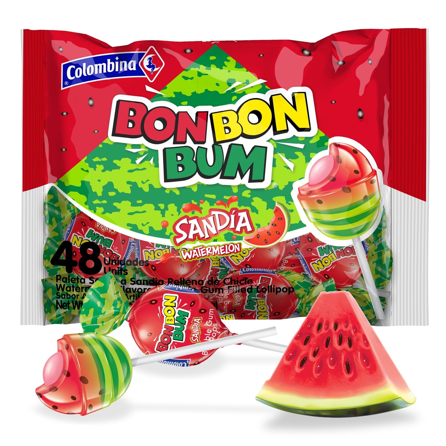 Colombina Bon Bon Bum Lollipops w/Bubble Gum Center, Watermelon Flavor, Individually Wrapped, Ideal for Party Favors and Gifts, 1 Pack (48 Count)