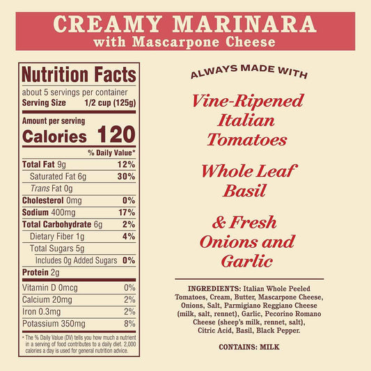 Rao's Homemade Creamy Mascarpone Marinara – Premium Italian Pantry Staple for Gourmet Home Cooking, 24 oz Glass Jar