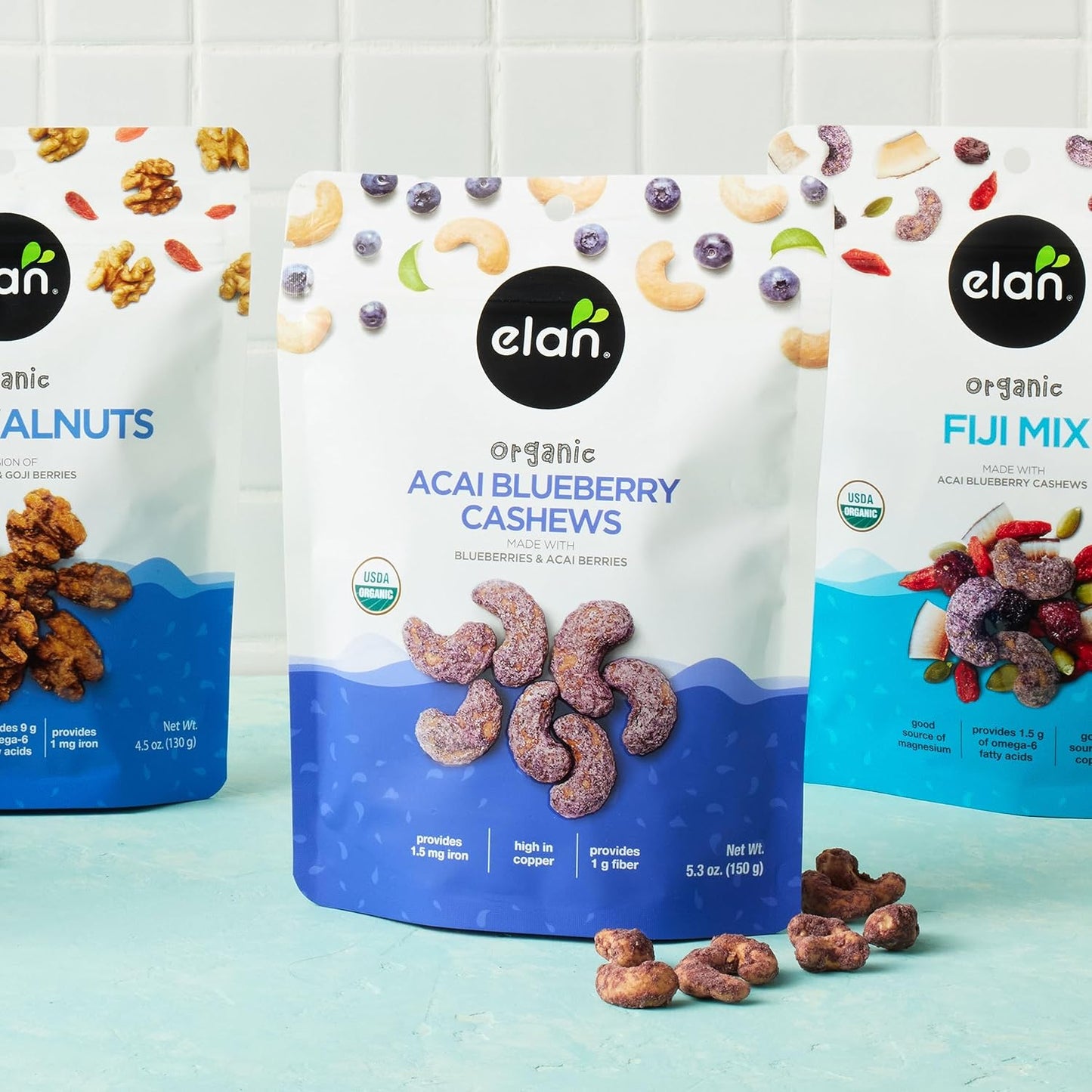 Elan Organic Acai Blueberry Cashews – Housewarming and Hostess Present for Health-Conscious Friends, 5.3 oz Elegant Glazed Nut Bag
