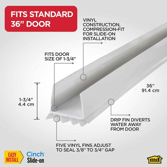 M-D Building Products Vinyl Cinch® U-Shape Door Bottom Seal for Cozy Bedroom Decor, Slide-On Draft Stopper for 36 Inch Doors