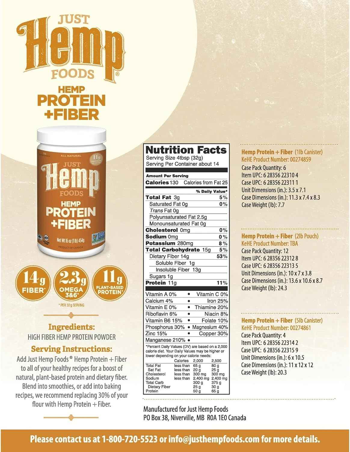 Just Hemp Foods Hemp Protein Powder Plus Fiber – Quick Plant Protein for Home Office Smoothie Breaks, 16 oz