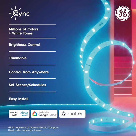 GE Cync Matter Compatible RGB Strip – Study Room Productivity Setup, Tunable White Desk Backlight for Deep Work Sessions
