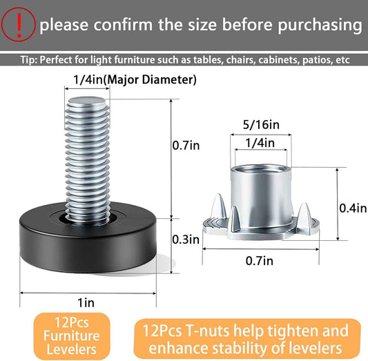 Skywin Adjustable Furniture Levelers – Clean-Line Furniture Stabilizer for Uncluttered Homes, T-Nut 12-Pack