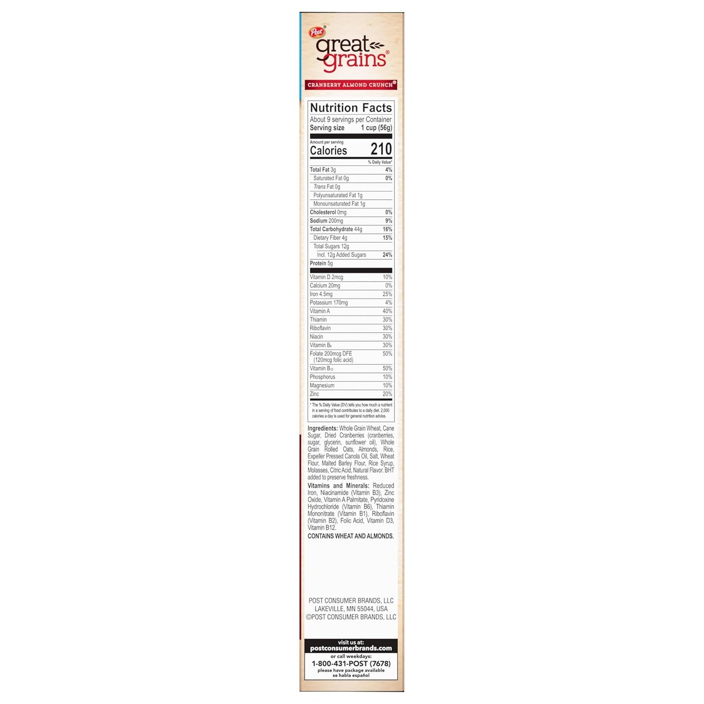 Great Grains Cranberry Almond Crunch Cereal – Thoughtful Care Package Gift for Health-Conscious Friends, 17 oz Box