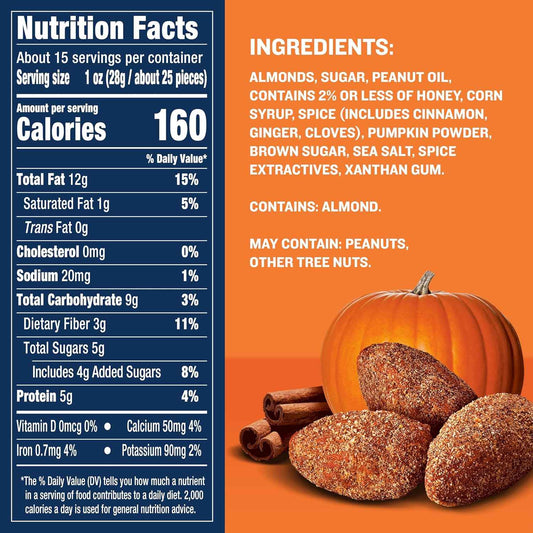 PLANTERS Fall Edition Pumpkin Spice Almonds 15.25 oz Canister – Cozy Self-Care Evening Snack for Mindful Wind-Down Routines, Plant-Based Protein Treat for Relaxing at Home