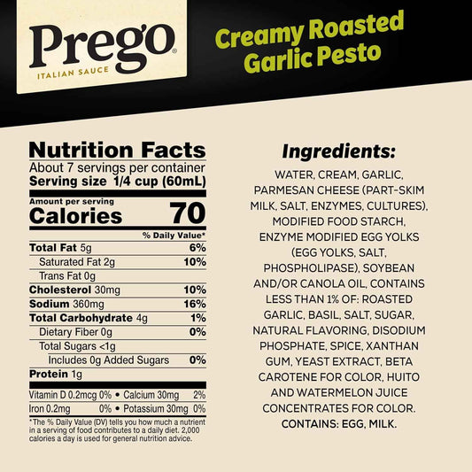 Prego Creamy Roasted Garlic Pesto – Nut-Free Family Pasta Sauce for Kid-Friendly Dinners, 14.5 oz Jar
