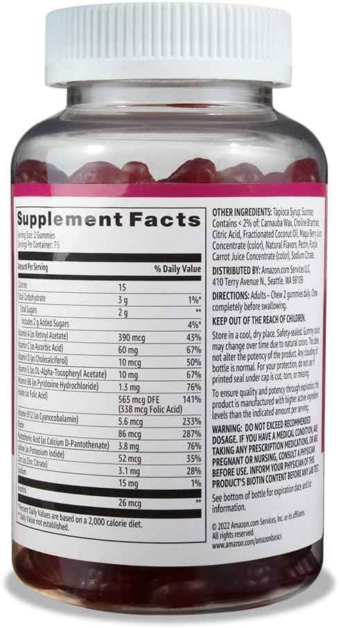 Amazon Basics Mixed Berry & Cherry Adult Multivitamin Gummies – 150 Ct, 75-Day Housewarming Gift for the New Home Supplement Shelf