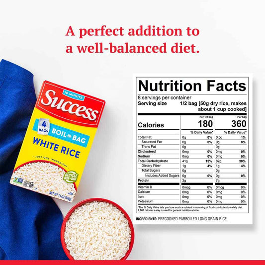 Success Boil-in-Bag Rice, Clean Pre-Portioned White Rice for Clutter-Free Kitchens, No Rice Cooker Required