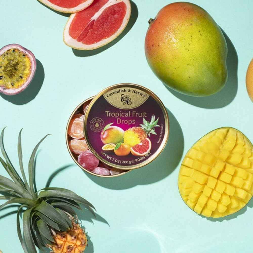Cavendish & Harvey Tropical Fruit Hard Candy Drops – Thoughtful Housewarming Present for Friends and Neighbors, 7 Oz Gold Tin