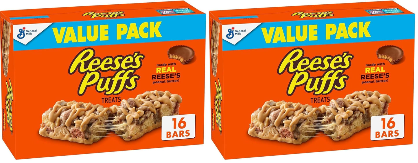 Reese's Puffs Breakfast Cereal Treat Bars, Peanut Butter & Cocoa, 16 ct (Pack of 2)