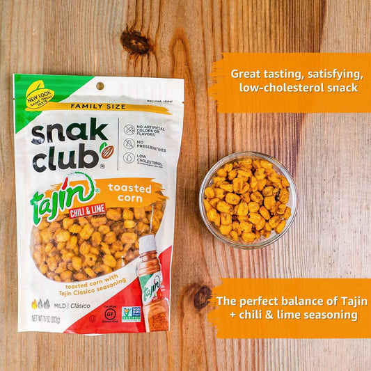 Snak Club Tajin Toasted Corn – Portable Travel Snack for Road Trips, Resealable Chili-Lime Corn Nuggets 11 oz
