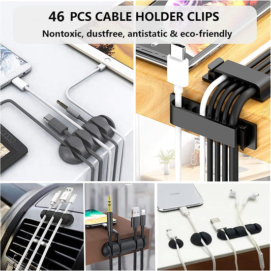 self-adhesive backing on clips, holders, and tie rolls for damage-free mounting on desks, walls, wood, and ceramics