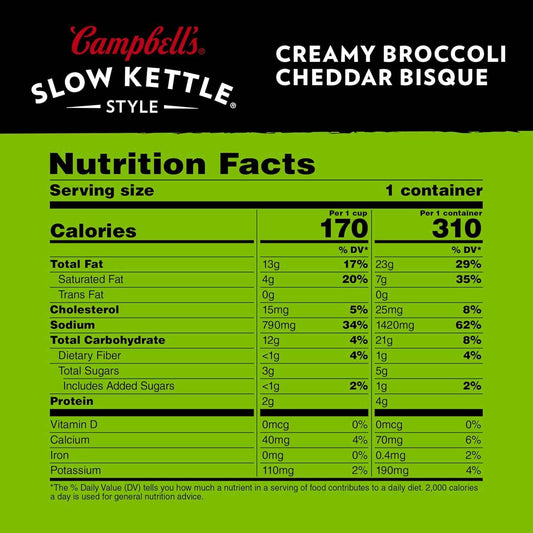 Campbell's Slow Kettle Creamy Broccoli Cheddar Bisque — Soft Texture Soup for Dental Recovery and Sensitive Stomachs, 15.5 oz Bowl