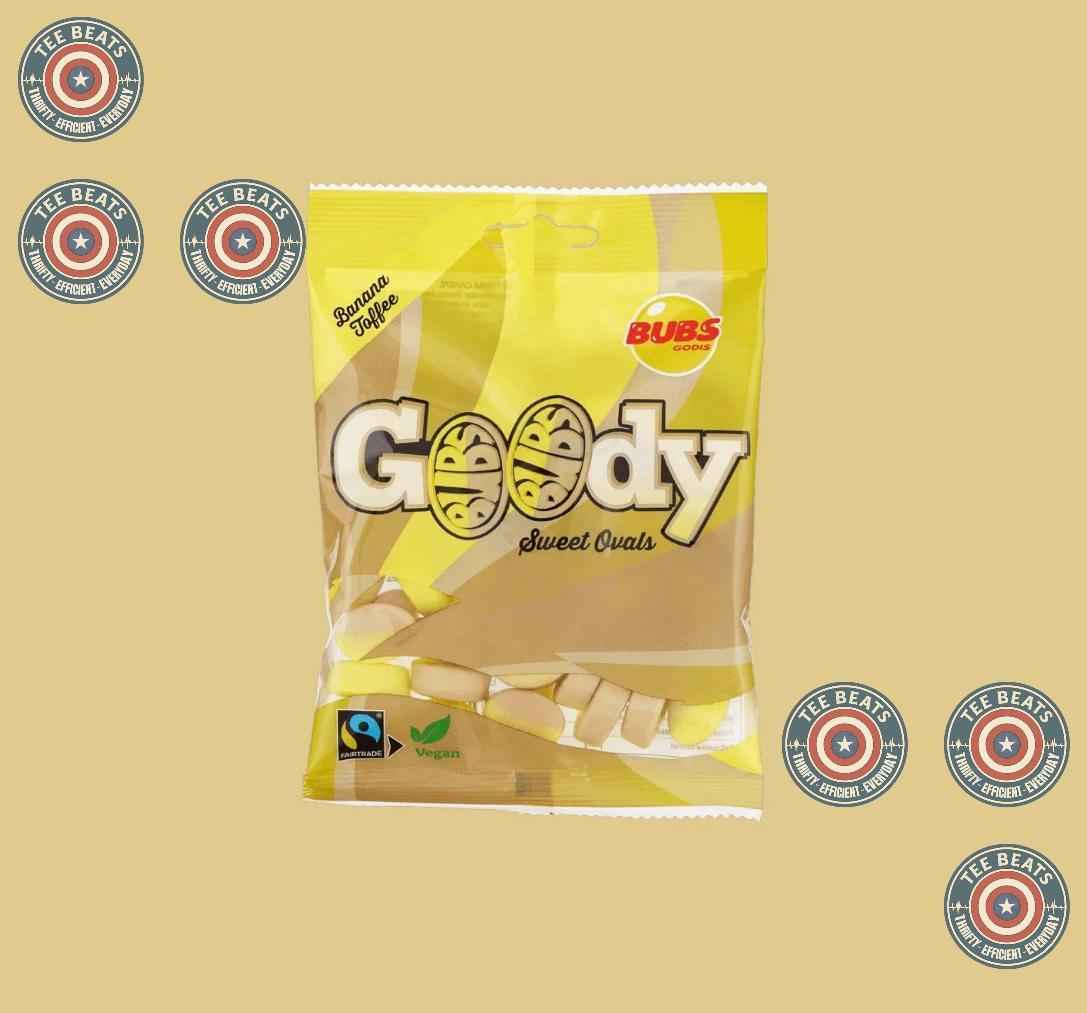 Bubs Goody Sweet Ovals Banana Caramel – Gelatine-Free Kids' Snack Bags for Lunchboxes and Playdates, 2 x 90g