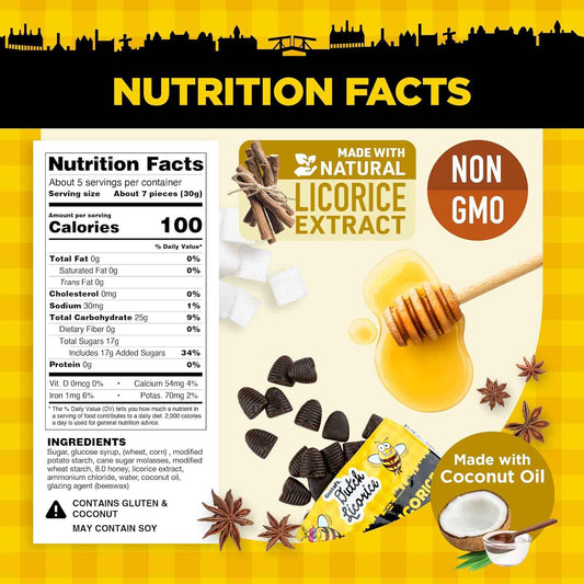 Gustaf's Beehive Dutch Licorice Drops – Travel Snack Bag Candy for Road Trips and Hiking, Resealable 5.2oz Dutch Honey Licorice