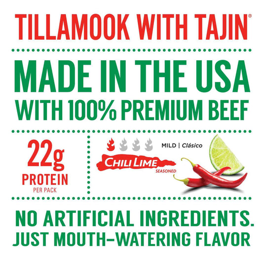 Tillamook Beef Jerky Tajin Chili Lime – Soft Texture High Protein Lunchbox Add On for Kids and Parents, 2.2 oz Pouch