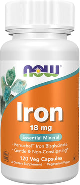 NOW Foods Iron 18 mg Ferrochel – Daily Energy Support for Busy Professionals, 120 Vegan Capsules