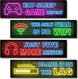 4 Pcs Printed Neon Gaming Posters – Neon Gamer Aesthetic for Bedroom Walls, Wooden Wall Art Set of 4