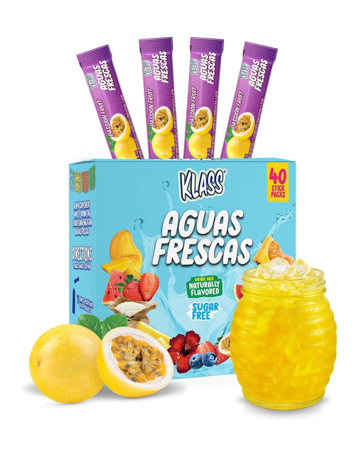 Klass Aguas Frescas Drink Mix Packets | Self-Care Beverage Ritual | Sugar-Free Stevia-Sweetened Horchata, Mango, Watermelon, Passionfruit & Pineapple (40 Stick Packs)