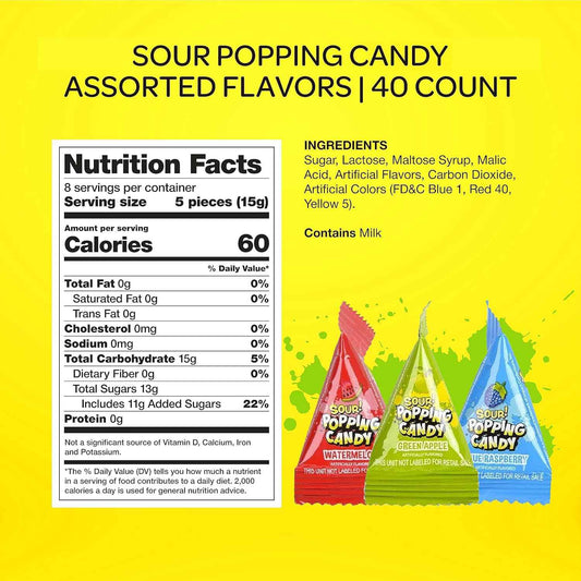 Sour Popping Rocks - Stocking Stuffer and Small Novelty Gift for Kids - 40 Count Bag of Individually Wrapped Sour Popping Candy Pouches