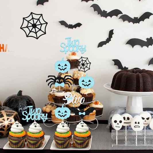 Halloween Birthday Party Favor Gift for 2 Year Old Boy, 36Pcs Two Spooky Blue Black Cupcake Toppers Ready to Gift for Grandma Aunt Family Celebration