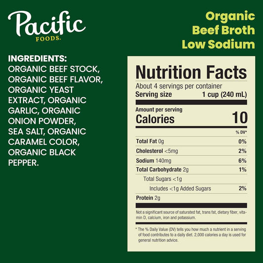 Pacific Foods Low Sodium Organic Beef Broth for Family Weeknight Dinners, Mild-Flavor Cooking Base for Kids' Meals