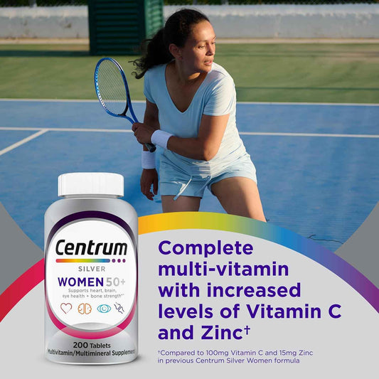 Centrum Silver Women's 50 Plus Multivitamin – Everyday Vitality Supplement for Bathroom Counter Wellness, Non-GMO and Gluten-Free - 200 Ct