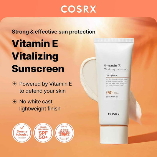COSRX Vitamin E Vitalizing Sunscreen – Beach and Pool Day SPF 50, Water-Resistant Korean Face Sunscreen