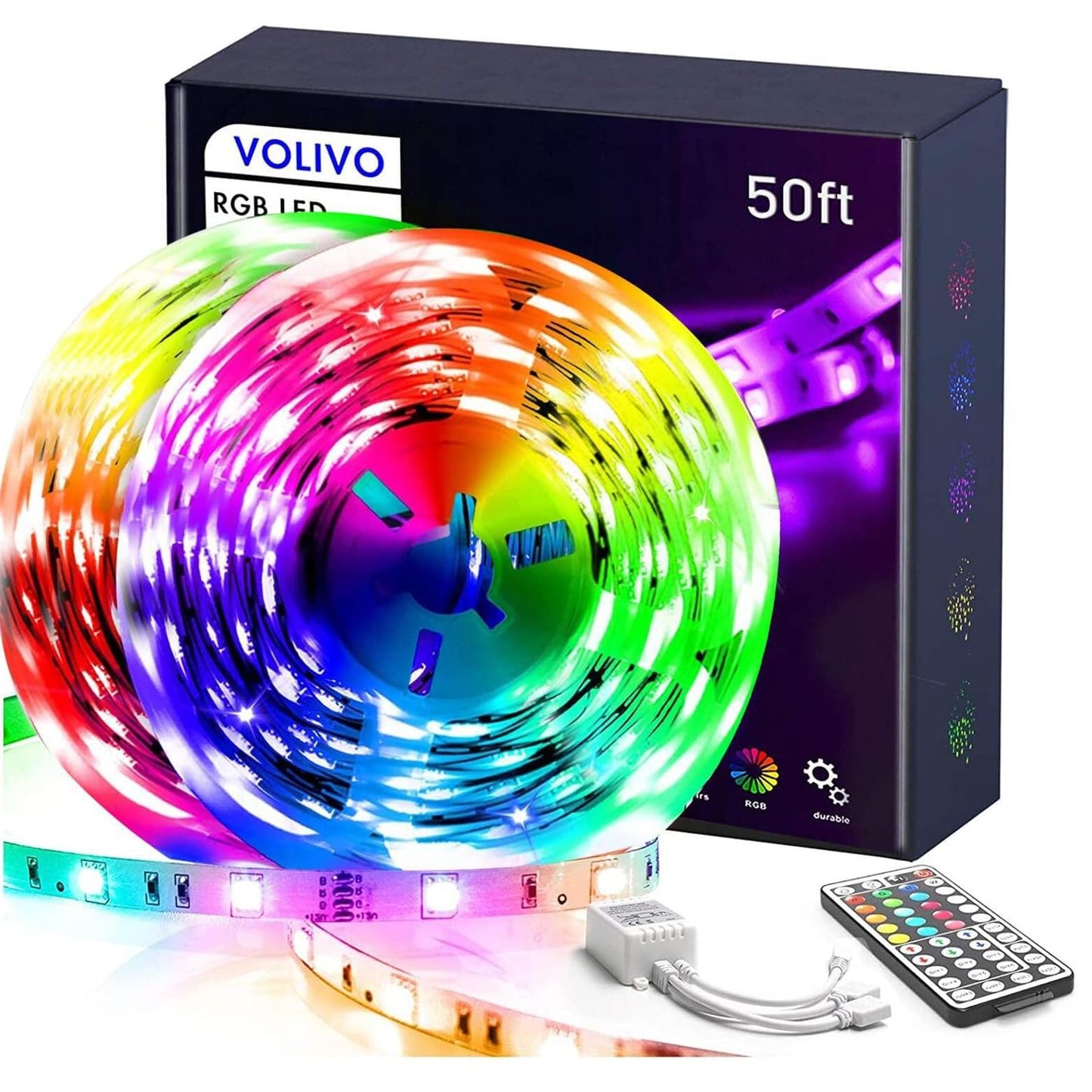 VOLIVO 50ft Led Strip Lights for Bedroom, Color Changing Led Light Strips Kit with Bluetooth App Control and IR Remote, RGB Music Sync Lighting for Room, Home Decor
