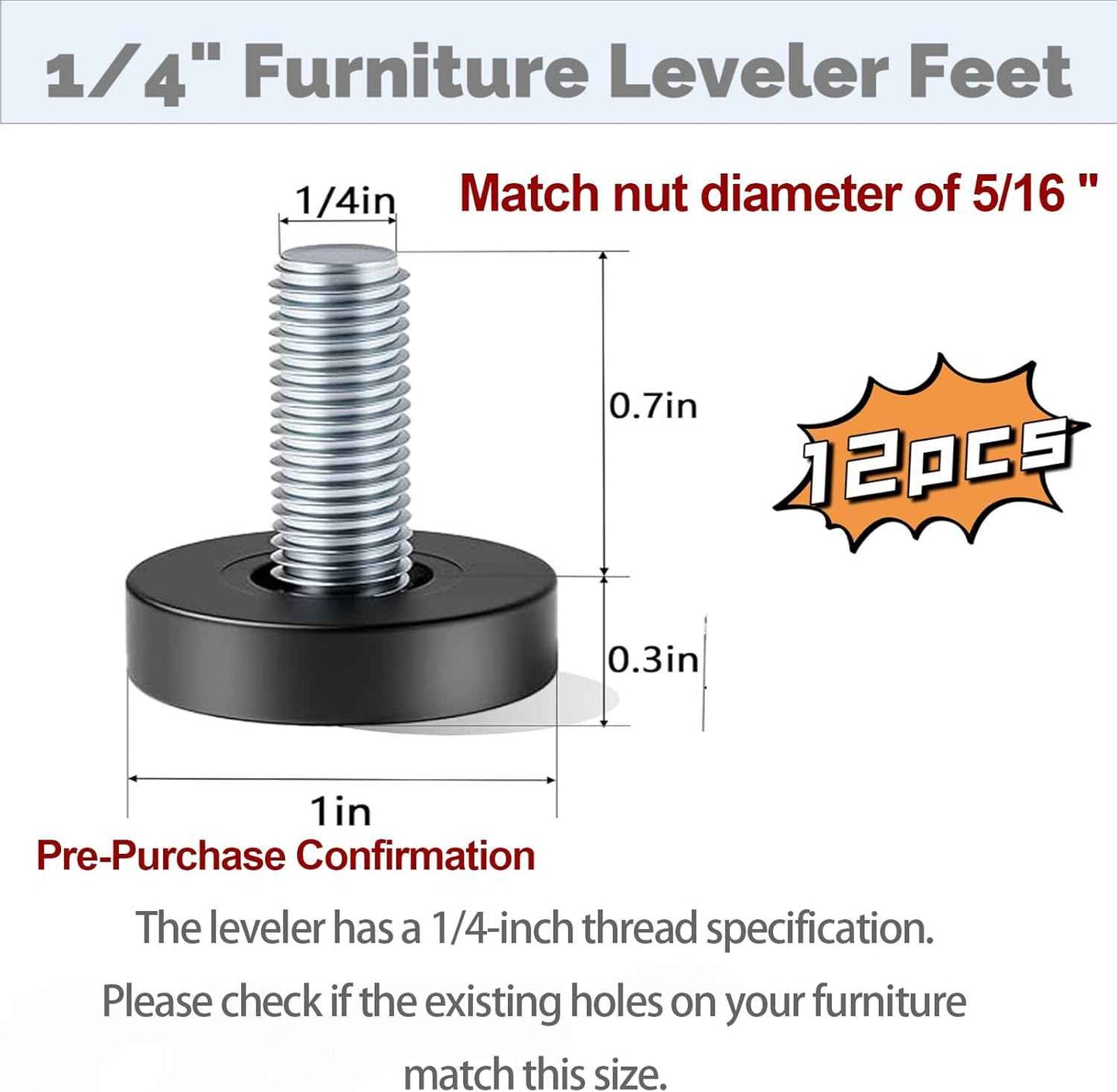 QWORK 1/4" Threaded Furniture Levelers 12 Pack, Stable Leveling Feet for Adjustable Standing Desks and Home Office Chairs, Focused Work Setup