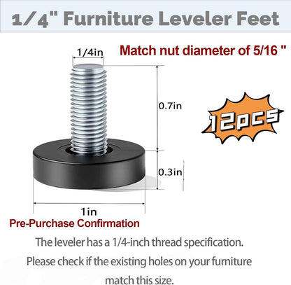 QWORK 1/4" Threaded Furniture Levelers 12 Pack, Stable Leveling Feet for Adjustable Standing Desks and Home Office Chairs, Focused Work Setup