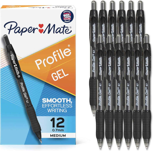 Paper Mate Profile Gel Pen 0.7mm Black 12 Pack – Safe, Cap-Free Retractable Design for Kids' Homework and Family Study Time