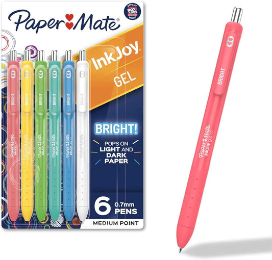 Paper Mate InkJoy Bright Gel Pens – Home Office Note-Taking Essential, Retractable 0.7mm Gel Pens 6-Pack