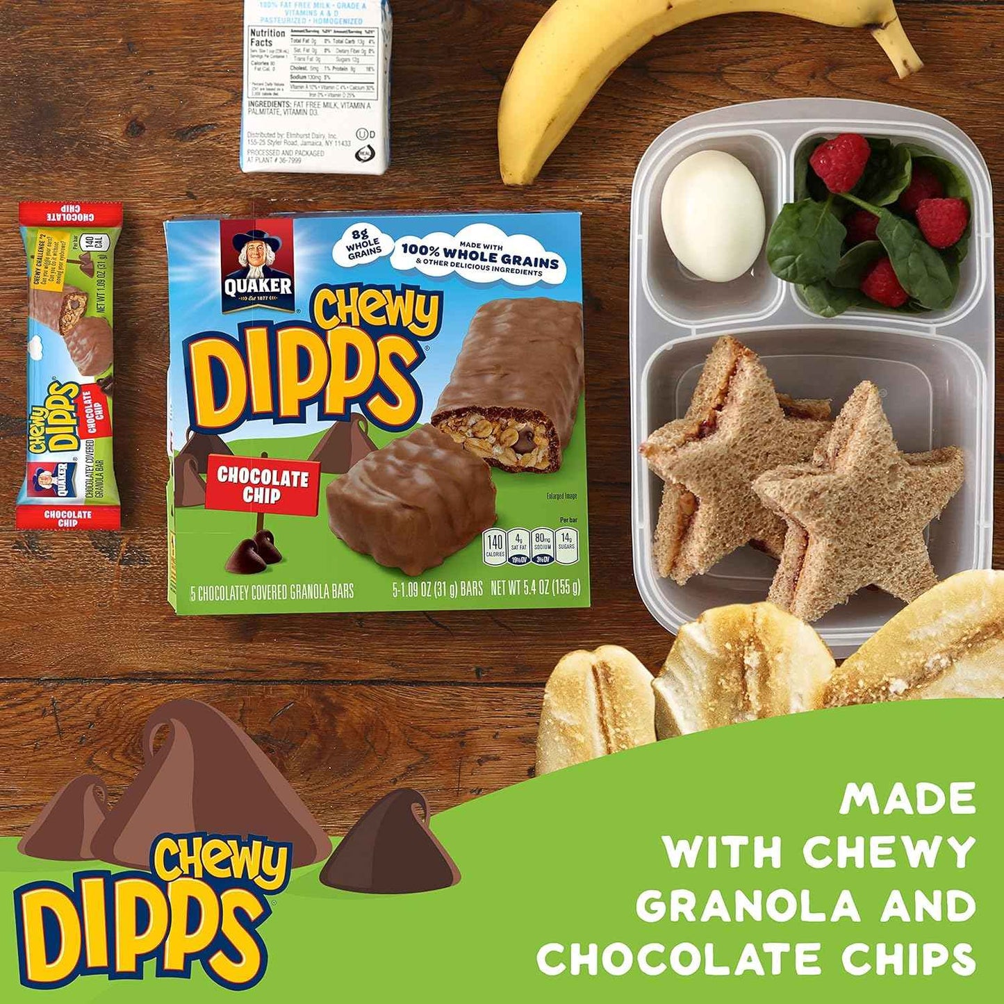 Quaker Chewy Dipps Chocolate Chip Granola Bars – Smarter Chocolate Snack for Wellness Routines, 6-Count Box