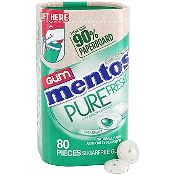 Mentos_Pure_Fresh_Sugar-Free_Chewing_Gum_with_Xylitol,_Mint,_in_a_recyclable_90%_Paperboard_Bottle,_80_Piece_(Pack_of_1)