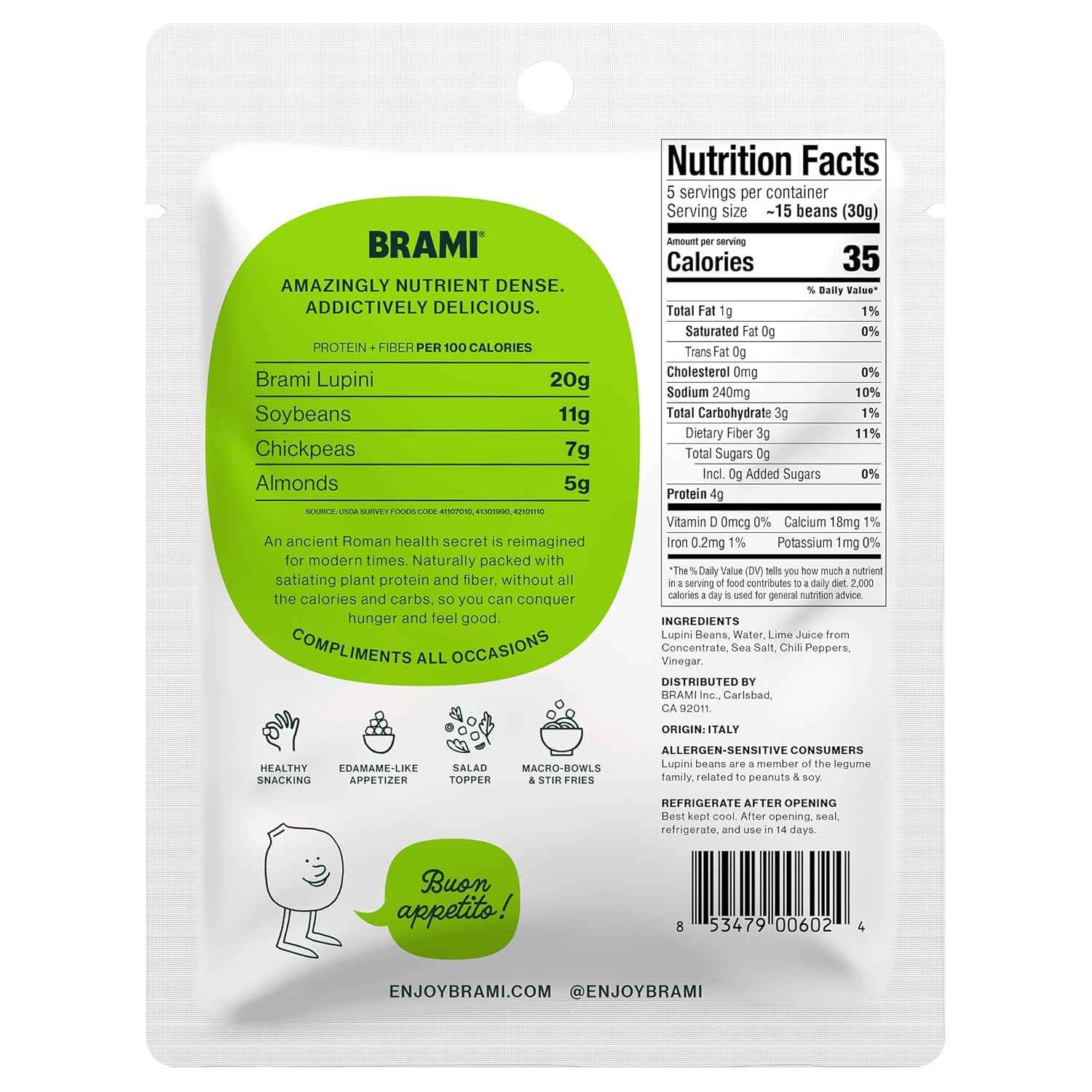 BRAMI Chili & Lime Lupini Bean Snack – Lunch Box Add-On for Plant-Based Kids and Adults, 7g Plant Protein