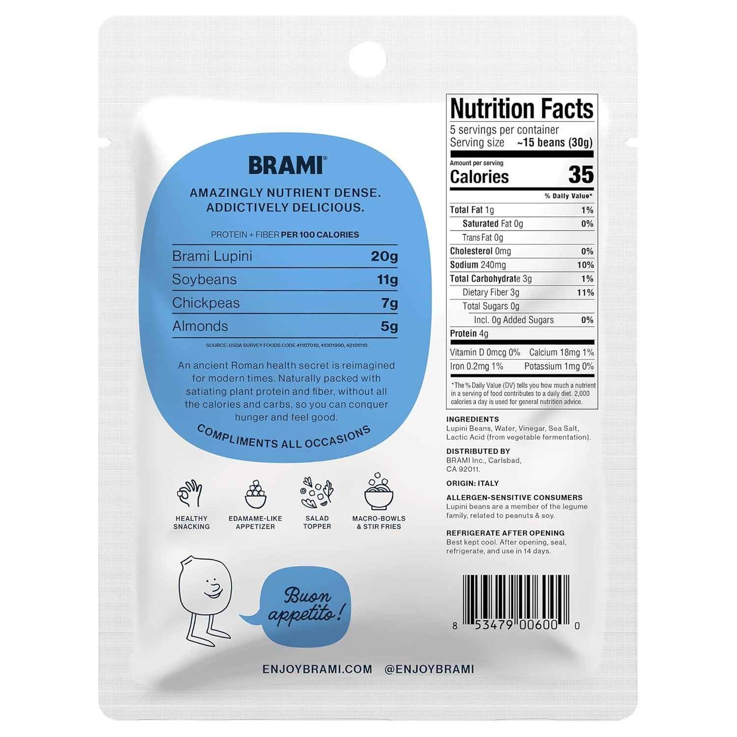 BRAMI Lupini Beans Sea Salt Vinegar – Simple Clean Ingredient Snack for Uncluttered Pantry, 5.3oz