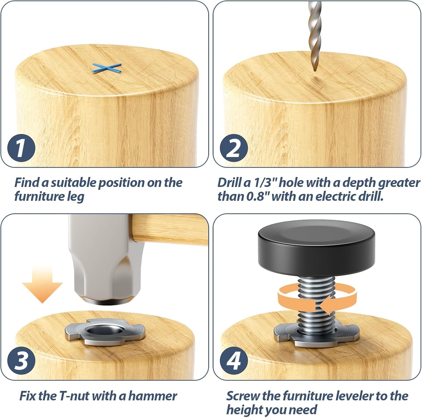 1" (25mm) base diameter for stable floor contact on tile, wood, laminate, and carpet