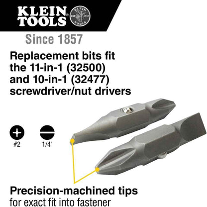 Klein Tools 32483 Replacement Bit Set for Jobsite Productivity, #2 Phillips and 1/4-Inch Slotted for 11-in-1 and 10-in-1 Screwdrivers