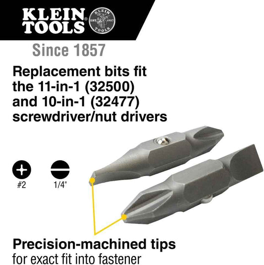 Klein Tools 32483 Replacement Bit Set for Jobsite Productivity, #2 Phillips and 1/4-Inch Slotted for 11-in-1 and 10-in-1 Screwdrivers