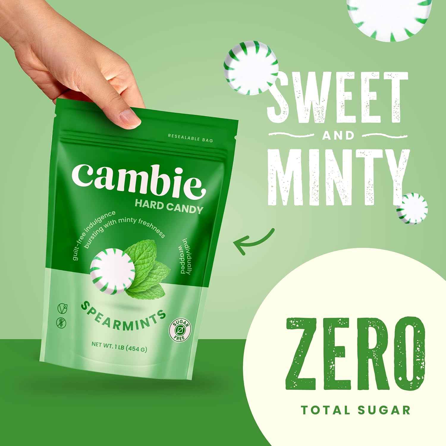 Cambie Sugar Free Hard Candy Spearmint – Low-Calorie Breakroom Snack for Busy Professionals, Individually Wrapped