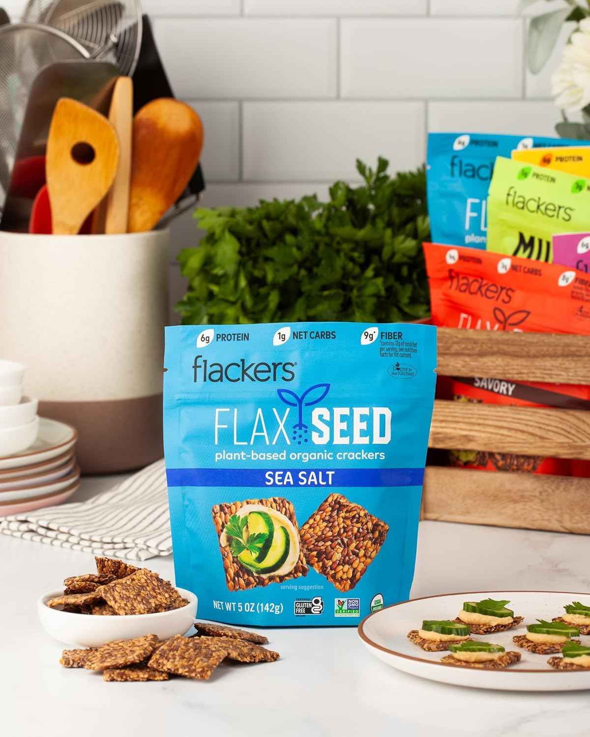 Flackers Organic Rosemary Flaxseed Crackers – 1 Net Carb Wellness Snack for Fiber-Focused Diets