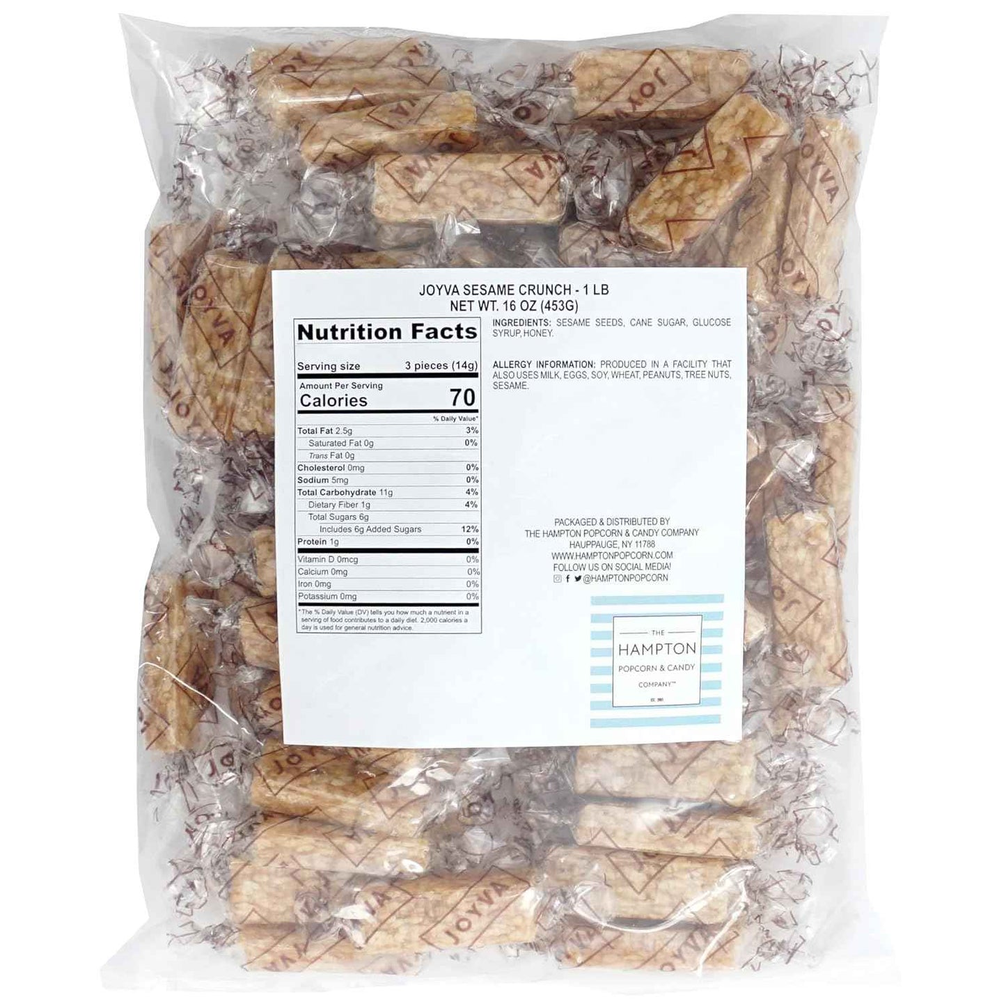 Hampton Popcorn & Candy Company Sesame Crunch Bars, 1 lb Bulk Bag – Honey Sesame Nostalgic Candy Bars for Holiday Stocking Stuffers, Hostess Gifts, and Care Packages