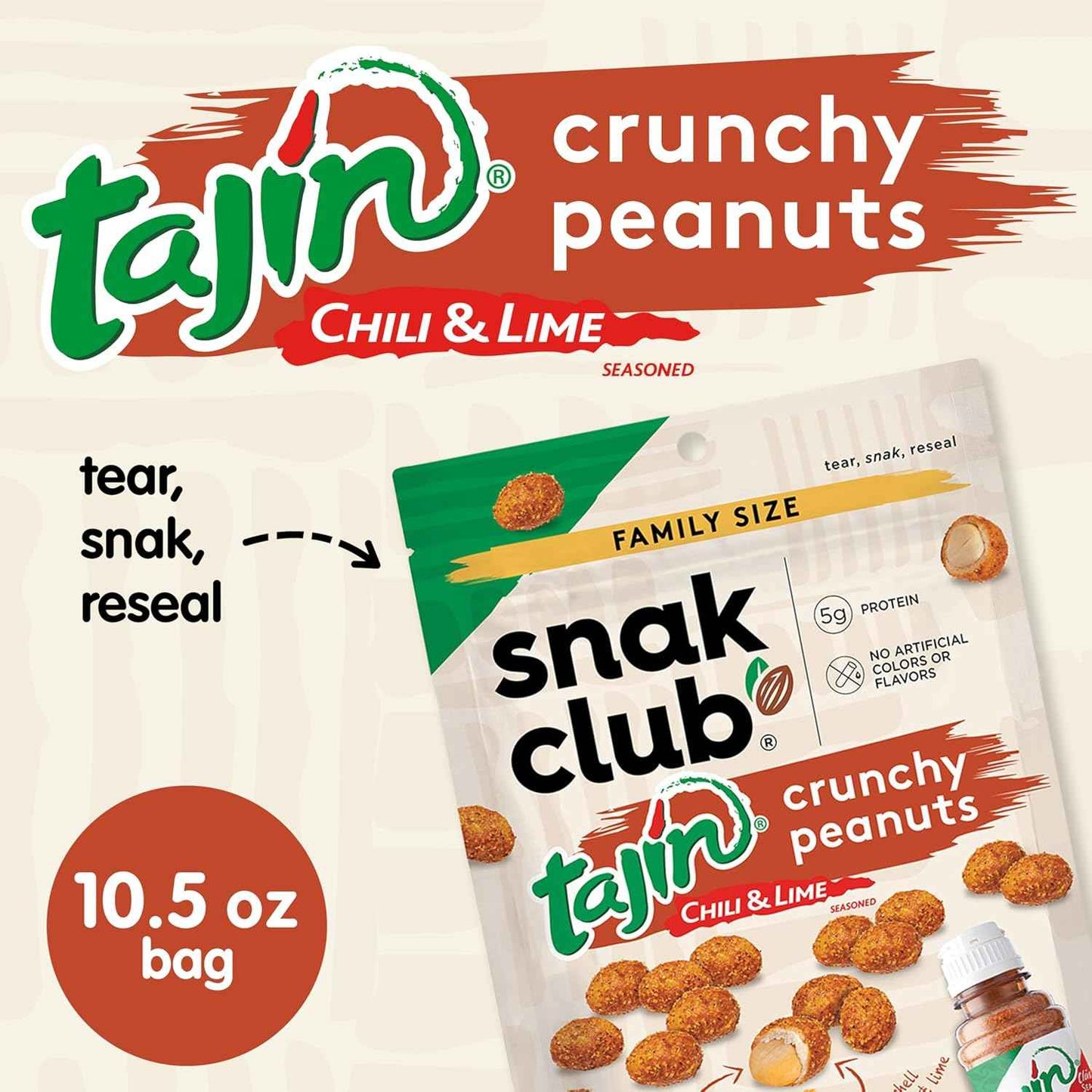 Snak Club Tajin Crunchy Peanuts – Road Trip Snack with Chili Lime Flavor and Resealable 10.5 oz Travel Pouch