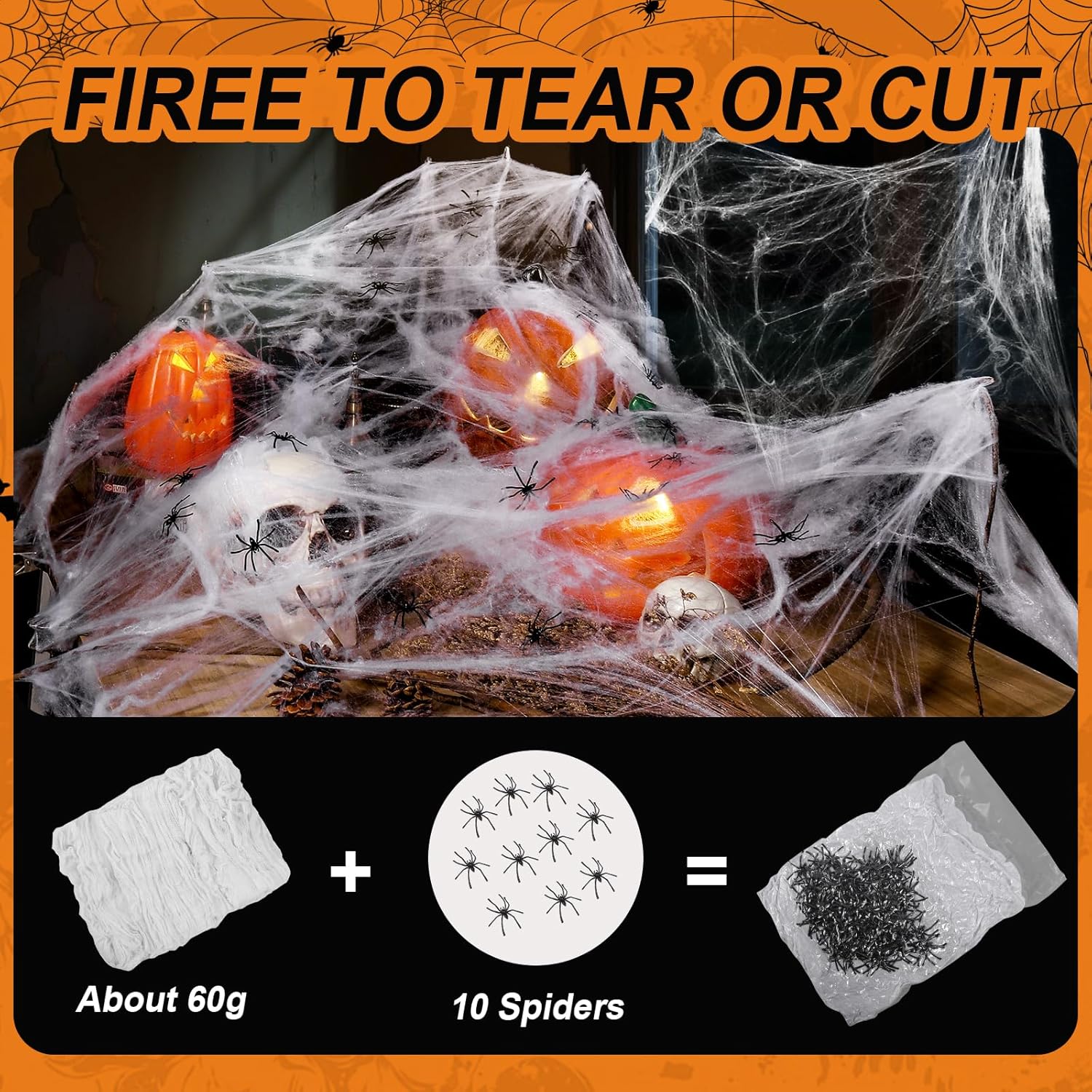 10 included pp plastic artificial spiders in white and black to scatter across the webbing