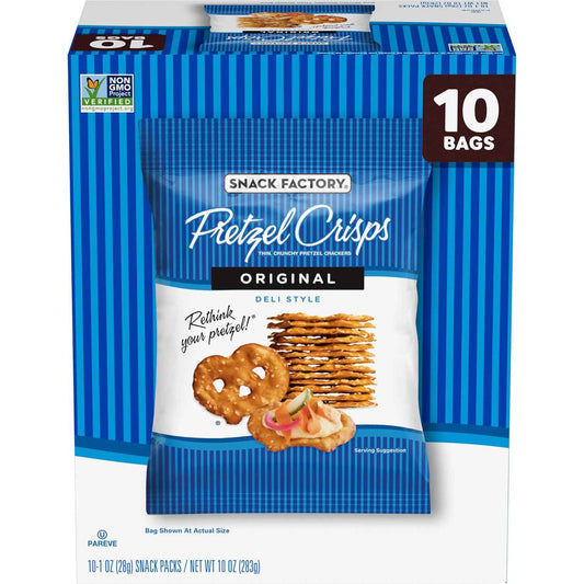 Snack Factory Pretzel Crisps – Clean-Label Pantry Snack, Non-GMO 1-oz Bags (10 Count)