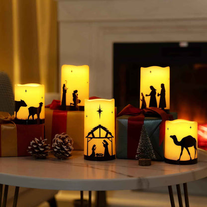 Homemory Nativity Scene Pillar Candles - Living Room Mantel Centerpiece Decor for Cozy Christmas Aesthetic, 5 Flameless LED Set