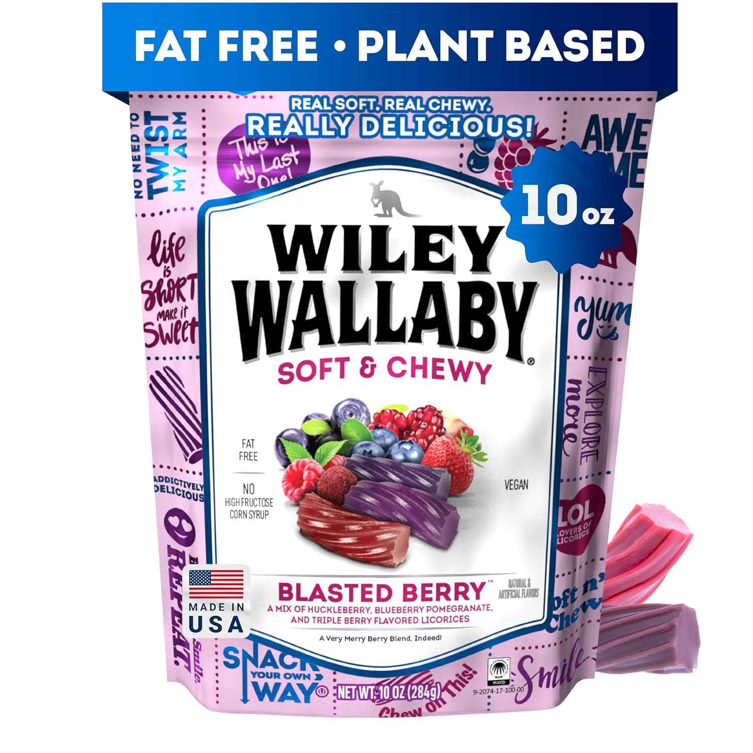 Wiley Wallaby Licorice 10 Ounce Classic Gourmet Soft & Chewy Australian Blasted Berry Candy Twists – Resealable Berry Chews for Camping Trips and Road Travel