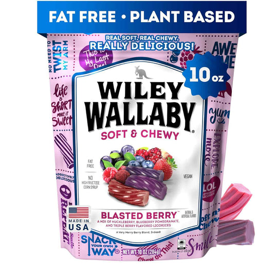 Wiley Wallaby Licorice 10 Ounce Classic Gourmet Soft & Chewy Australian Blasted Berry Candy Twists – Resealable Berry Chews for Camping Trips and Road Travel