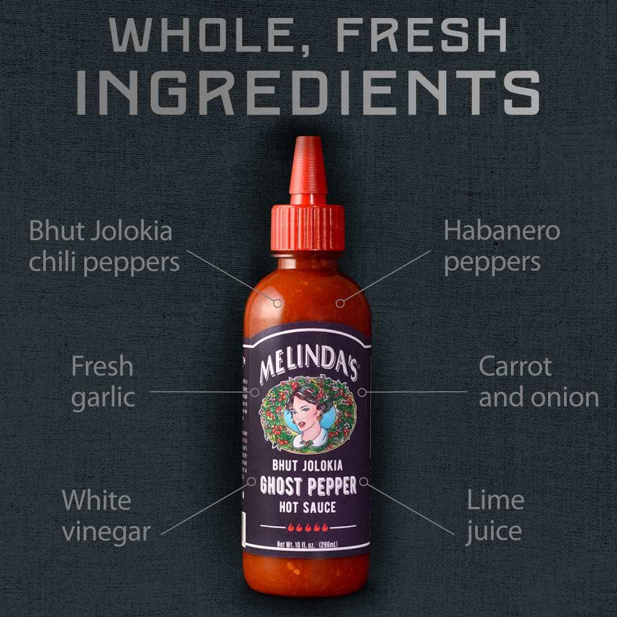 Melinda's Ghost Pepper Hot Sauce - Spicy Gourmet Birthday Gift for Her, Spicy Food Lovers and Heat Seekers, 10oz Squeeze Bottle
